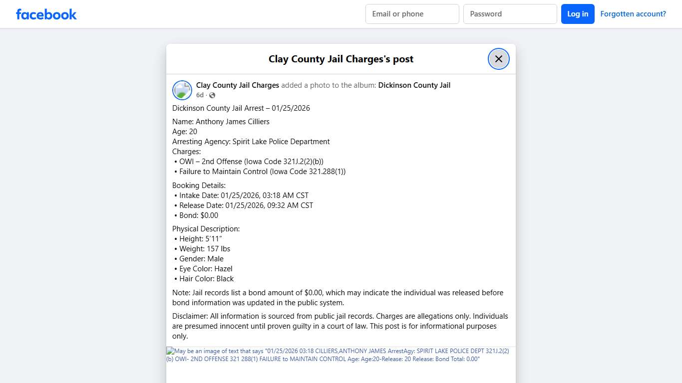 Dickinson County Jail Arrest –... - Clay County Jail Charges Facebook